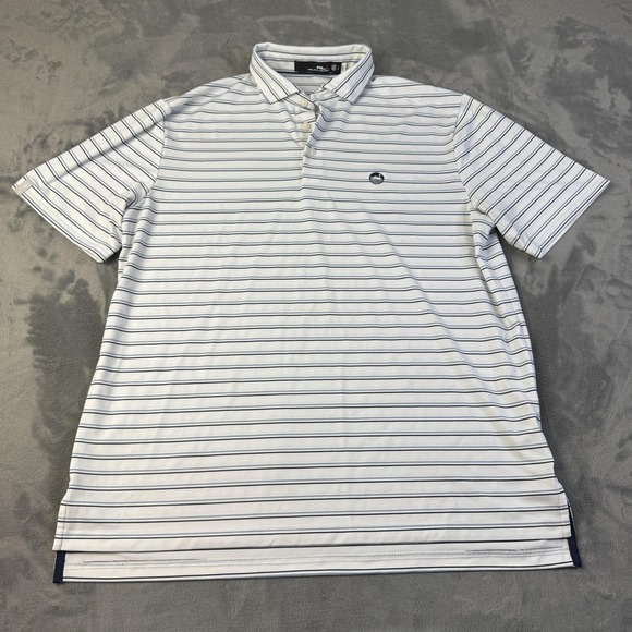 Ralph Lauren RLX Polo Shirt Mens Large White Blue Striped Golf Performance Logo - Picture 1 of 13